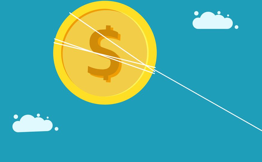 Control the cost of expenses. A business woman is pulling a coin down. business concept