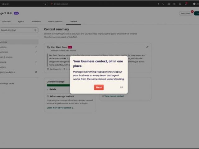 HubSpot Agent Hub context summary showing business, customer, and team context.