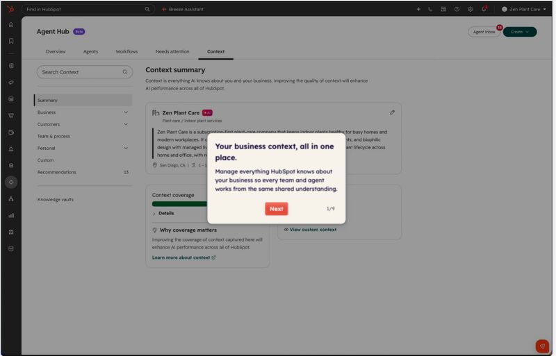 HubSpot Agent Hub context summary showing business, customer, and team context.